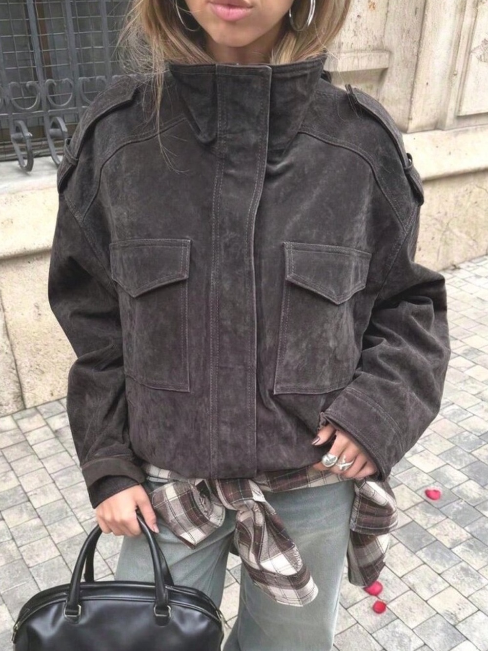 Zara Dark Gray Charcoal Suede Leather Viral Utility Bomber Jacket